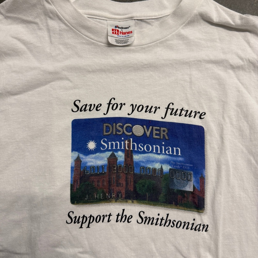 Vintage Stedman Hanes Discover Smithsonian Credit Card Graphic T-Shirt XL White